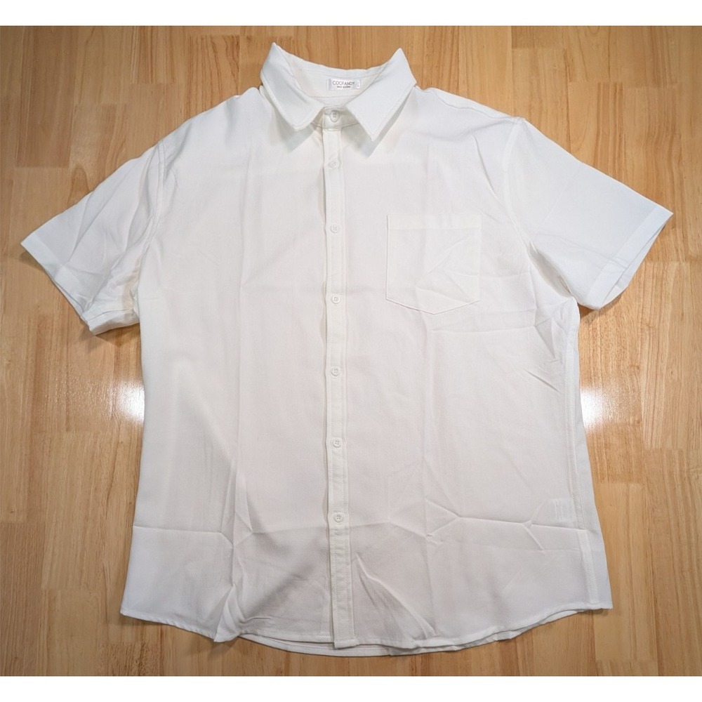 COOFANDY White Linen Blend Short Sleeve Button Front Shirt Men Large